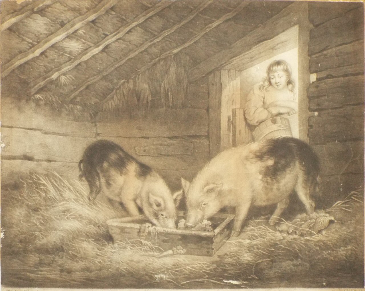 Mezzotint - Girl and Pigs - Ward